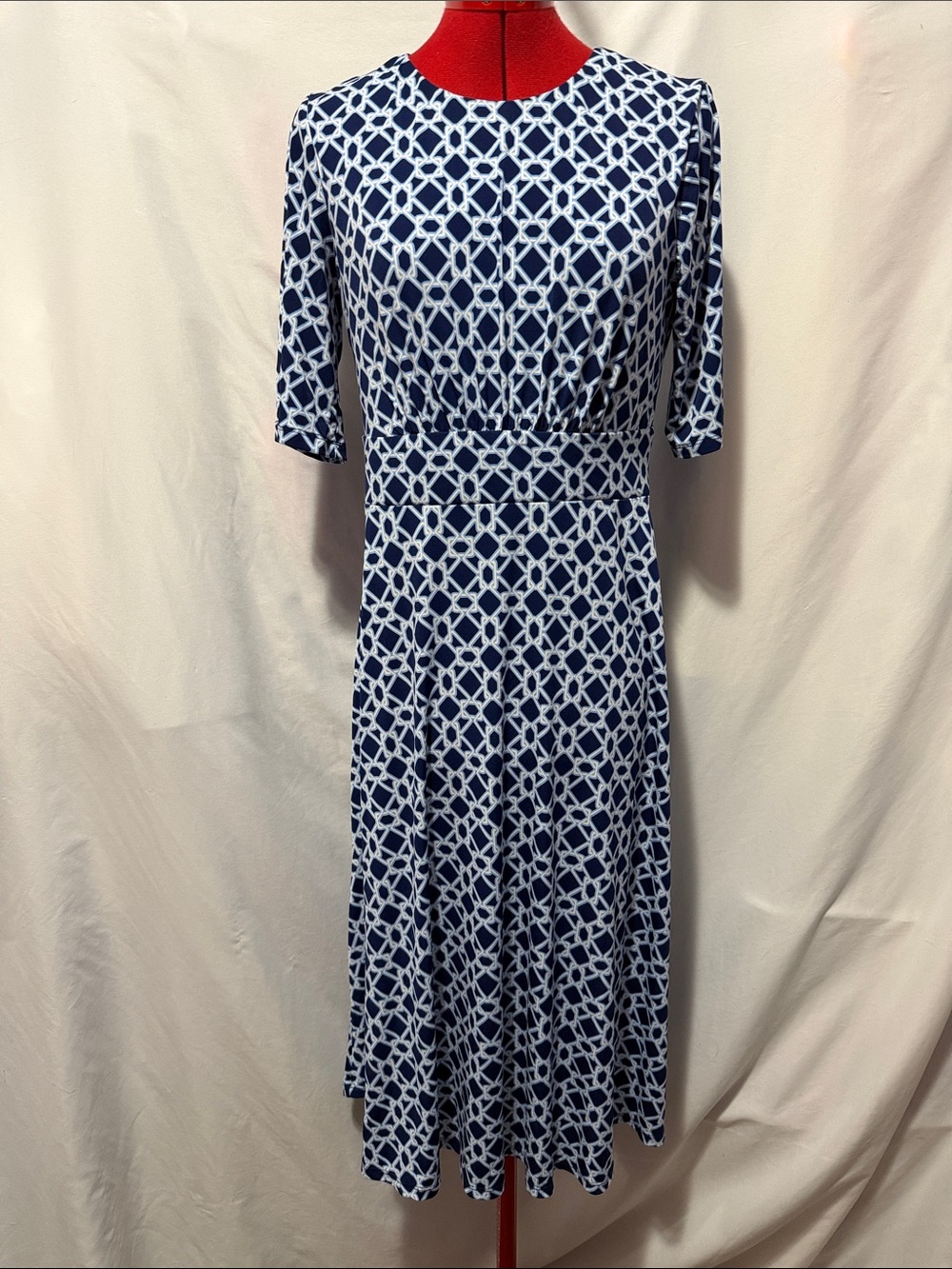 London Times Navy and White Geometric Midi Dress
